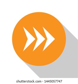 White Arrow icon isolated on white background. Direction Arrowhead symbol. Navigation pointer sign. Orange circle button. Vector Illustration