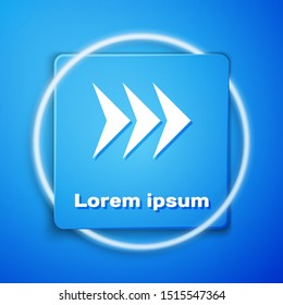 White Arrow icon isolated on blue background. Direction Arrowhead symbol. Navigation pointer sign. Blue square button. Vector Illustration