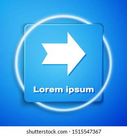 White Arrow icon isolated on blue background. Direction Arrowhead symbol. Navigation pointer sign. Blue square button. Vector Illustration