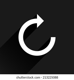 White arrow icon reload, refresh, rotation, reset, repeat sign 06. Web pictogram with black long shadow on dark gray background. Simple, solid, plain, flat style. Vector illustration design in 8 eps