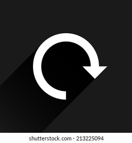 White arrow icon reload, refresh, rotation, reset, repeat sign 24. Web pictogram with black long shadow on dark gray background. Simple, solid, plain, flat style. Vector illustration design in 8 eps