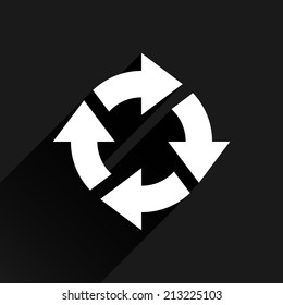 White arrow icon reload, refresh, rotation, reset, repeat sign 15. Web pictogram with black long shadow on dark gray background. Simple, solid, plain, flat style. Vector illustration design in 8 eps