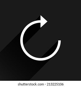 White arrow icon reload, refresh, rotation, reset, repeat sign 01. Web pictogram with black long shadow on dark gray background. Simple, solid, plain, flat style. Vector illustration design in 8 eps