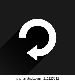White arrow icon reload, refresh, rotation, reset, repeat sign 28. Web pictogram with black long shadow on dark gray background. Simple, solid, plain, flat style. Vector illustration design in 8 eps
