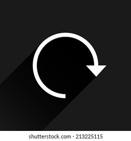 White arrow icon reload, refresh, rotation, reset, repeat sign 21. Web pictogram with black long shadow on dark gray background. Simple, solid, plain, flat style. Vector illustration design in 8 eps