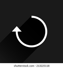 White arrow icon reload, refresh, rotation, reset, repeat sign 23. Web pictogram with black long shadow on dark gray background. Simple, solid, plain, flat style. Vector illustration design in 8 eps