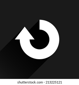 White arrow icon reload, refresh, rotation, reset, repeat sign 31. Web pictogram with black long shadow on dark gray background. Simple, solid, plain, flat style. Vector illustration design in 8 eps