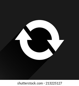 White arrow icon reload, refresh, rotation, reset, repeat sign 13. Web pictogram with black long shadow on dark gray background. Simple, solid, plain, flat style. Vector illustration design in 8 eps