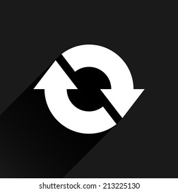 White arrow icon reload, refresh, rotation, reset, repeat sign 20. Web pictogram with black long shadow on dark gray background. Simple, solid, plain, flat style. Vector illustration design in 8 eps