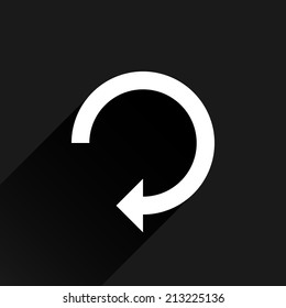 White arrow icon reload, refresh, rotation, reset, repeat sign 26. Web pictogram with black long shadow on dark gray background. Simple, solid, plain, flat style. Vector illustration design in 8 eps
