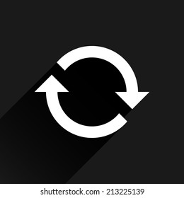 White arrow icon reload, refresh, rotation, reset, repeat sign 08. Web pictogram with black long shadow on dark gray background. Simple, solid, plain, flat style. Vector illustration design in 8 eps