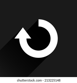 White arrow icon reload, refresh, rotation, reset, repeat sign 27. Web pictogram with black long shadow on dark gray background. Simple, solid, plain, flat style. Vector illustration design in 8 eps