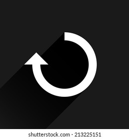 White arrow icon reload, refresh, rotation, reset, repeat sign 25. Web pictogram with black long shadow on dark gray background. Simple, solid, plain, flat style. Vector illustration design in 8 eps