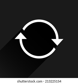 White arrow icon reload, refresh, rotation, reset, repeat sign 03. Web pictogram with black long shadow on dark gray background. Simple, solid, plain, flat style. Vector illustration design in 8 eps