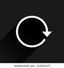 White arrow icon reload, refresh, rotation, reset, repeat sign 02. Web pictogram with black long shadow on dark gray background. Simple, solid, plain, flat style. Vector illustration design in 8 eps