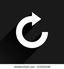 White arrow icon reload, refresh, rotation, reset, repeat sign 11. Web pictogram with black long shadow on dark gray background. Simple, solid, plain, flat style. Vector illustration design in 8 eps