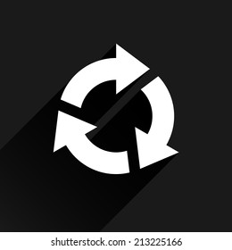 White arrow icon reload, refresh, rotation, reset, repeat sign 14. Web pictogram with black long shadow on dark gray background. Simple, solid, plain, flat style. Vector illustration design in 8 eps