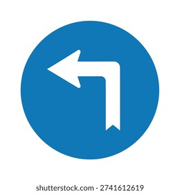 A white arrow indicating a left turn is required on a blue circular traffic sign