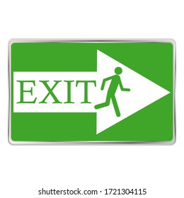 White arrow on a green background with the words "exit" and the running man depicted on it. Unique, bright sign to indicate exit. Vector illustration. Stock Photo