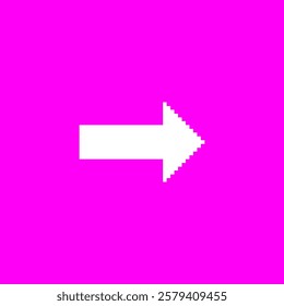 White arrow pixel art on pink background. Y2K 8 bit retro interface vector icon. Game pixelated right side direction pointer. Computer mouse sign, click button, forward, next or play cursor symbol