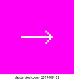 White arrow pixel line art on pink background. Y2K vector retro interface icon. Game pixelated right side direction pointer. Computer mouse sign, click button, forward, next or play 8 bit cursor