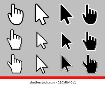 Conjunto de iconos de flecha blanca y cursor de mano. Pixel y versión moderna de los signos cursores. Símbolos de dirección y toque los enlaces y pulse los botones Aislados en la ilustración vectorial de fondo gris.