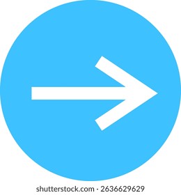 White arrow pointing right against a light blue circular background, representing direction, progress, and forward movement while conveying a sense of guidance and advancement
