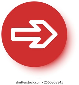 White arrow pointing right indicating the next or forward direction, placed on a red circle button with drop shadow effect, representing a modern and minimalist design