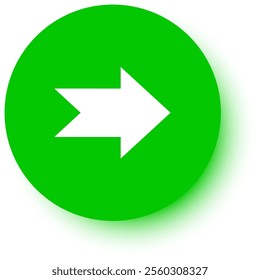 White arrow pointing right on green circle with drop shadow, ideal for indicating direction or progress in presentations, websites, and other digital media