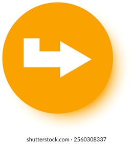 White arrow pointing right on an orange circle creates a simple, effective symbol of direction and navigation, enhanced by a subtle shadow for depth