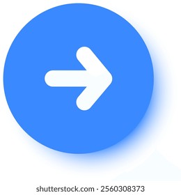 White arrow pointing right on a light blue round button with a slight shadow, perfect for web design, user interfaces, and other digital applications