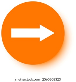 White arrow pointing to the right placed on an orange circle with a slight shadow on a white background, perfect for indicating direction or movement