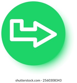 White arrow pointing to the right placed on a green circle with a slight shadow on a white background, ideal for indicating direction or progress