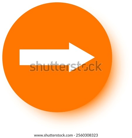 White arrow pointing to the right placed on an orange circle with a slight shadow on a white background, perfect for indicating direction or movement