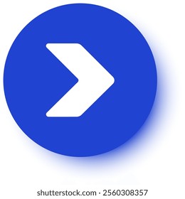 White arrow pointing right within a blue circle, featuring a shadow, symbolizing direction, progress, and forward movement, while conveying a sense of guidance and navigation