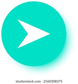 White arrow pointing right within a vibrant turquoise circle, featuring a subtle drop shadow effect. Simple and modern design perfect for various applications and digital interfaces