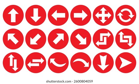 white arrow with red circle shape set icon collection vector