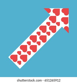 White arrow with red hearts isolated on blue background. Flat design. Love and relationship concept. Vector illustration. EPS 8, no transparency