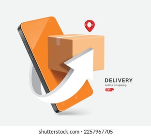 White arrow revolve around smartphones and parcel boxes or cardboard boxes,vector 3d isolated on white background for logistics,delivery and online shopping concept design