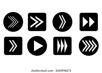 Weißer Pfeil rechts auf schwarzem Hintergrund. Web-Icon-Set. Vorzeichen. Pfeilsymbol. Vektorgrafik. Stockbild.