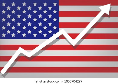 White arrow rises against the background of the US flag United States of America