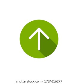 white arrow up with shadow in green circle icon. Isolated on white. Upload icon.  Upgrade sign. North pointing arrow.