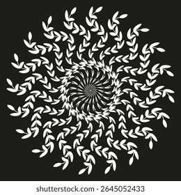 White arrow spiral. Dynamic motion figure. Black background shape. Vector rotation element