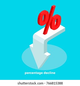 White Arrow Tending Down And A Percentage Icon, Financial Growth, Isometric Image