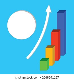 White arrows with 3D circles and multicolored success bar graphs with blue background.