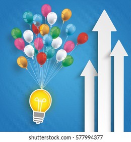 White arrows with balloons and bulb on the blue background. Eps 10 vector file.