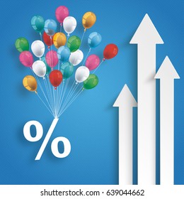 White arrows with balloons and percent on the blue background. Eps 10 vector file.