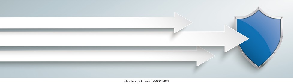 White arrows with blue protection shield on the gray background. Eps 10 vector file.