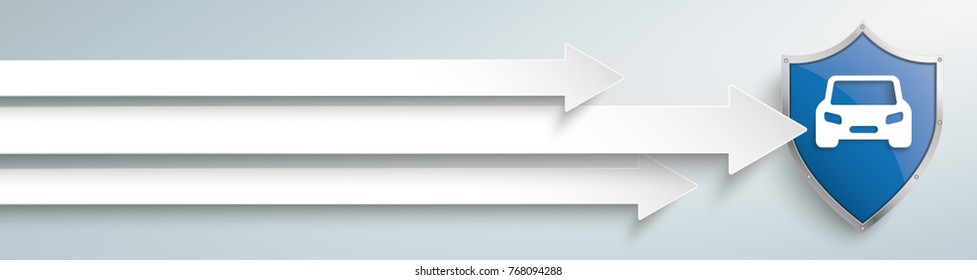 White arrows with blue protection shield and car on the gray background. Eps 10 vector file.