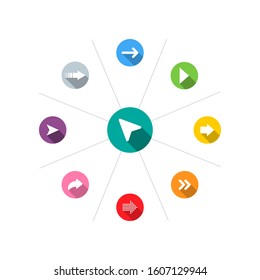 White Arrows in colorful circles, isolated on white background. Arrows with shadow in modern simple flat design. Arrow vector icon. Arrows  different shape. Vector illustration. Eps10